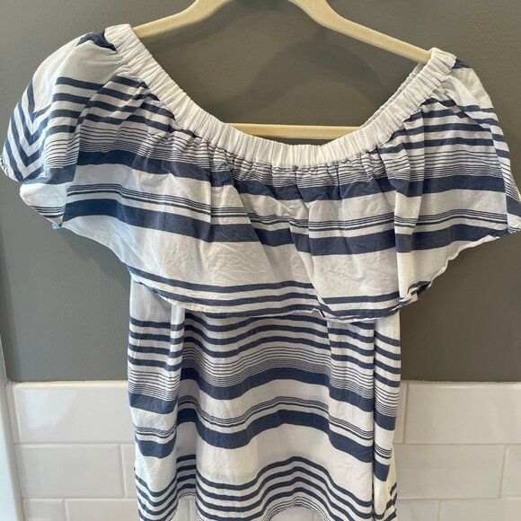 LOFT Blue Striped Ruffle Off the Shoulder Top | XS - Picture 3 of 3